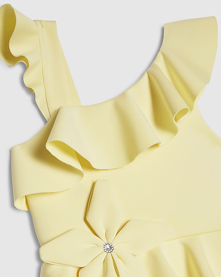 River Island Girls Yellow Asymmetric Floral Scuba Dress