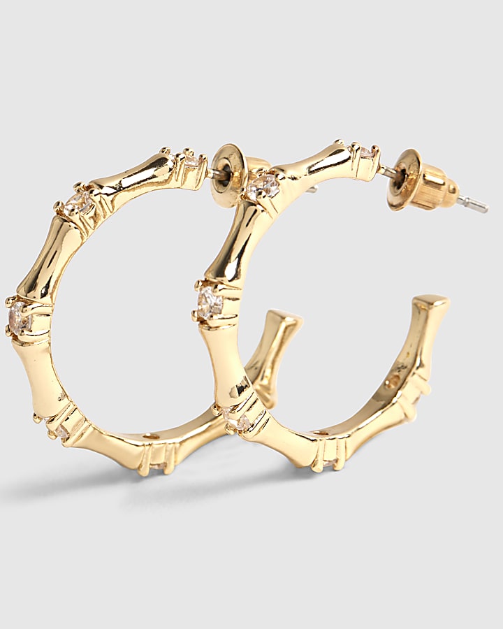 River Island Gold Diamante Bamboo Design Hoop Earrings