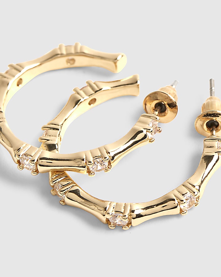 river island Gold Diamante Bamboo Design Hoop Earrings