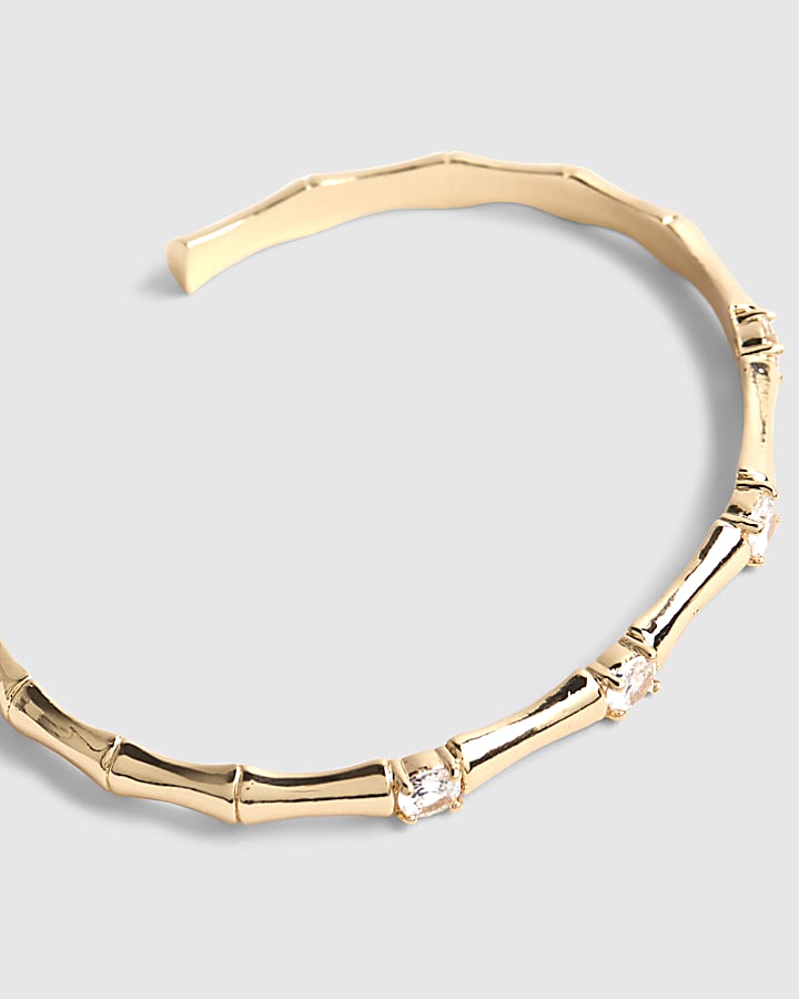 river island Gold Diamante Bamboo Effect Cuff Bracelet