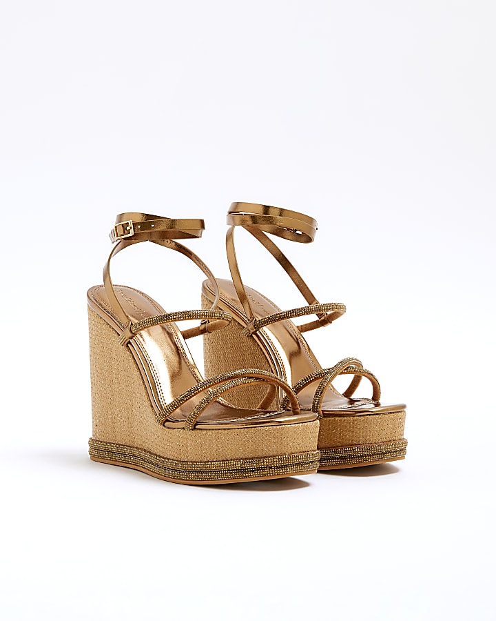 River Island Gold Diamante Strap Wedge Heeled Sandals