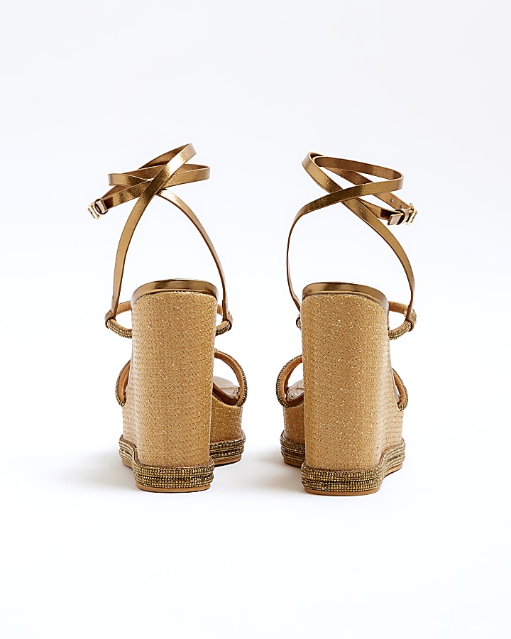 River Island Gold Diamante Strap Wedge Heeled Sandals