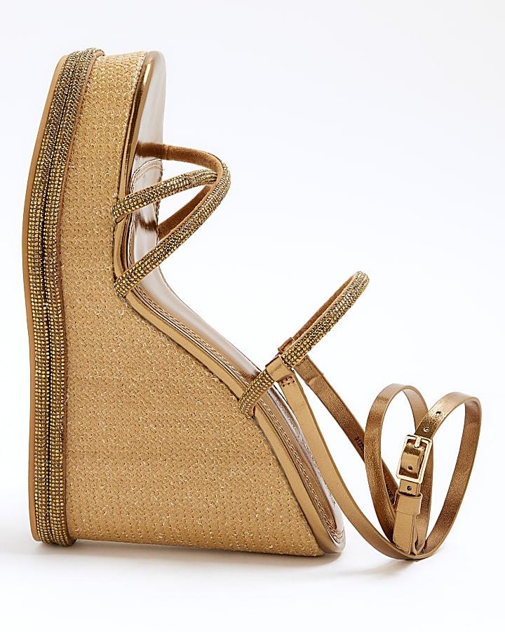 River Island Gold Diamante Strap Wedge Heeled Sandals