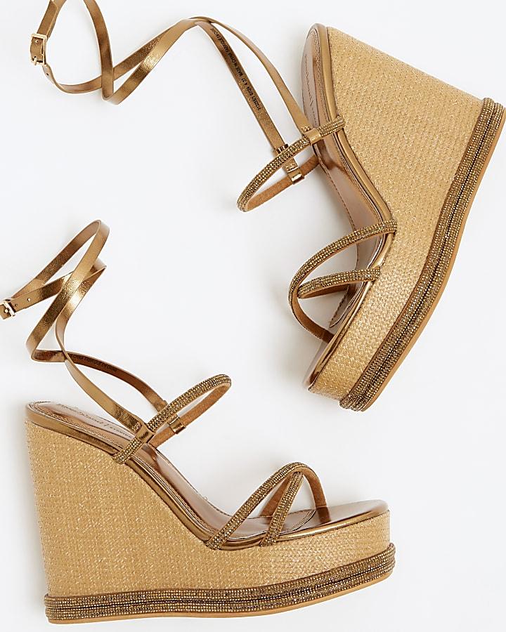 river island Gold diamante strap wedge heeled sandals