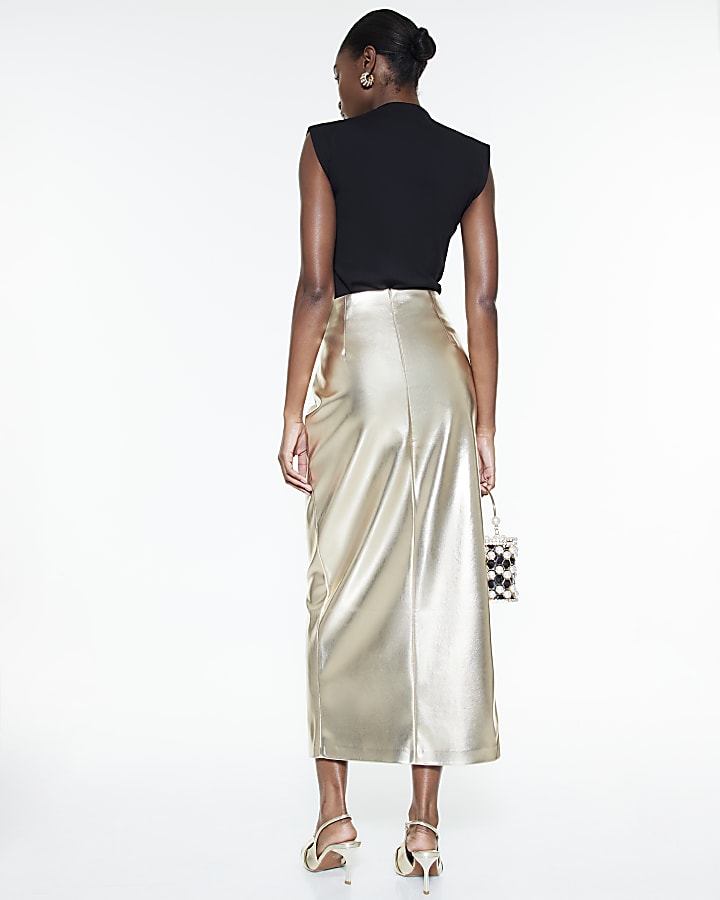 river island Gold Faux Leather Twist Side Midi Skirt