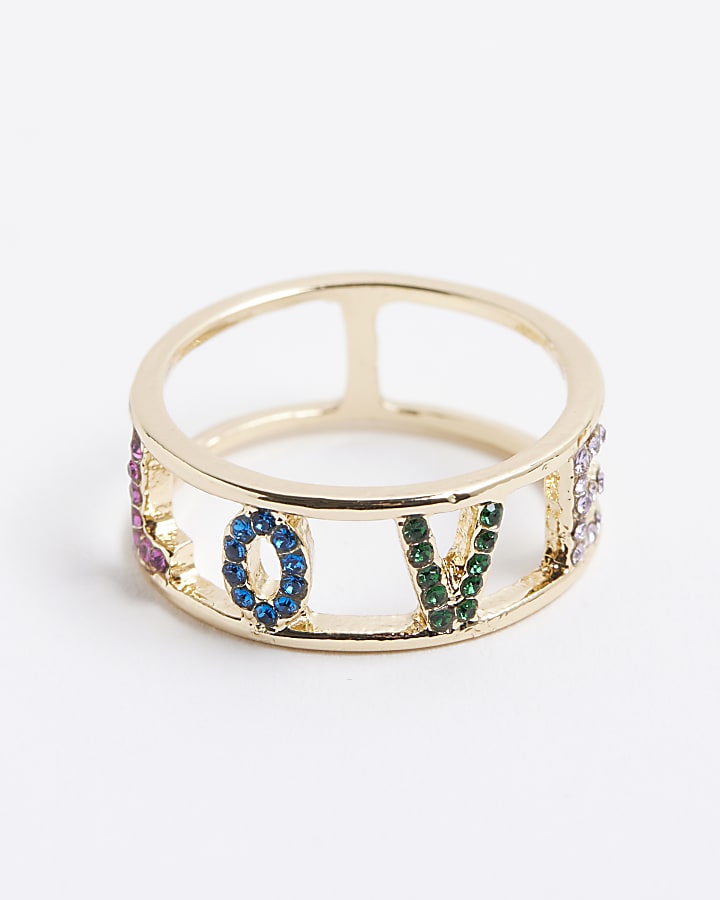 River Island Gold Love Multicolour Diamante Paved Ring
