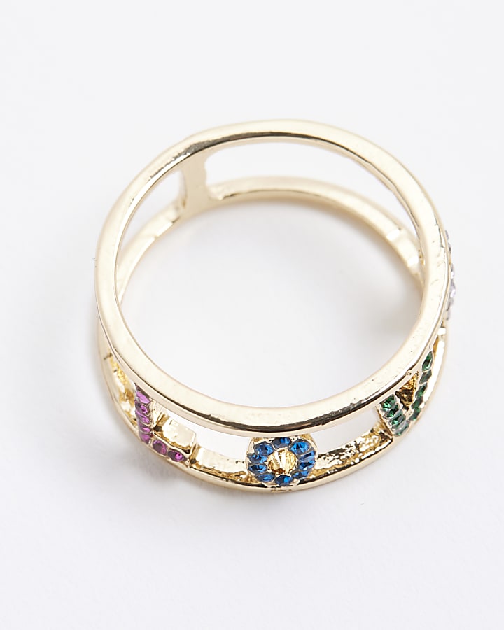 River Island Gold Love Multicolour Diamante Paved Ring