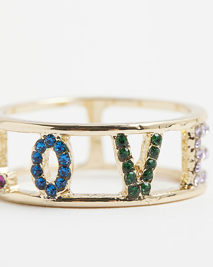 River Island Gold Love Multicolour Diamante Paved Ring