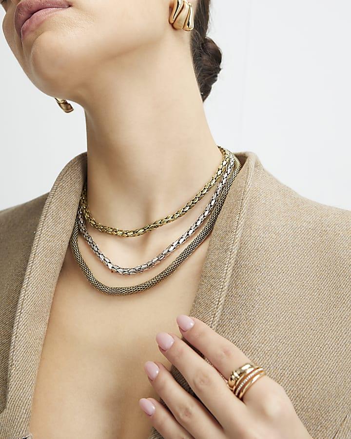 River Island Gold Mixed Metal Multi Row Chain Necklace