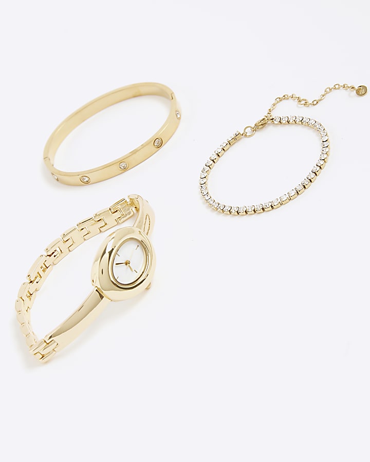 River Island Gold Oval Watch And Bracelet Multipack