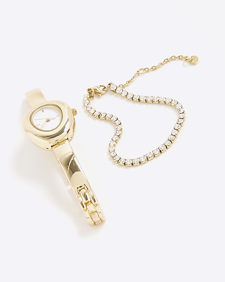 river island Gold Oval Watch And Bracelet Multipack