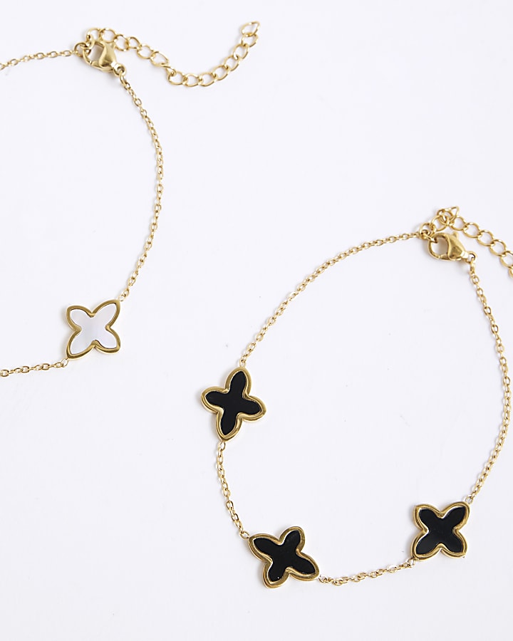 River Island Gold Pearl And Black Petal Bracelet Set