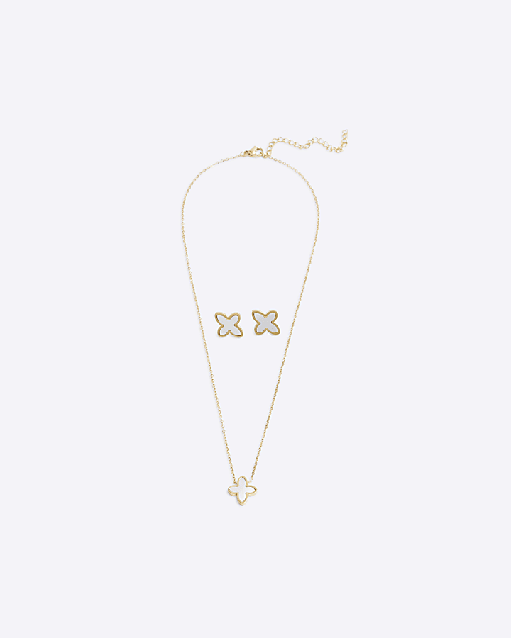 River Island Gold Pearl Petal Earrings And Necklace Set