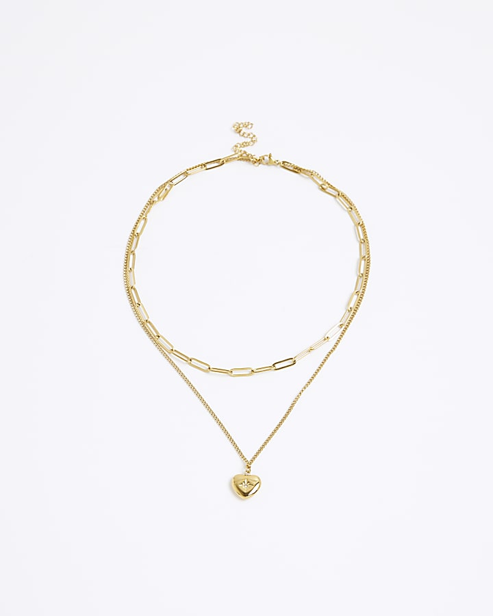 River Island Gold Stainless Steel Layered Heart Necklace