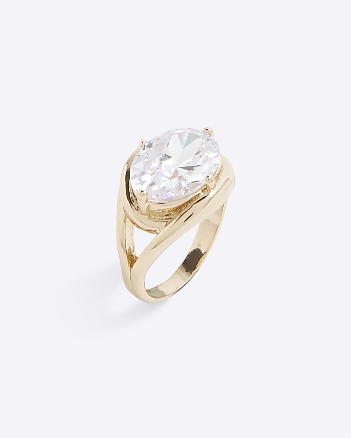 River Island Gold Statement Diamond Simulant Stone Ring