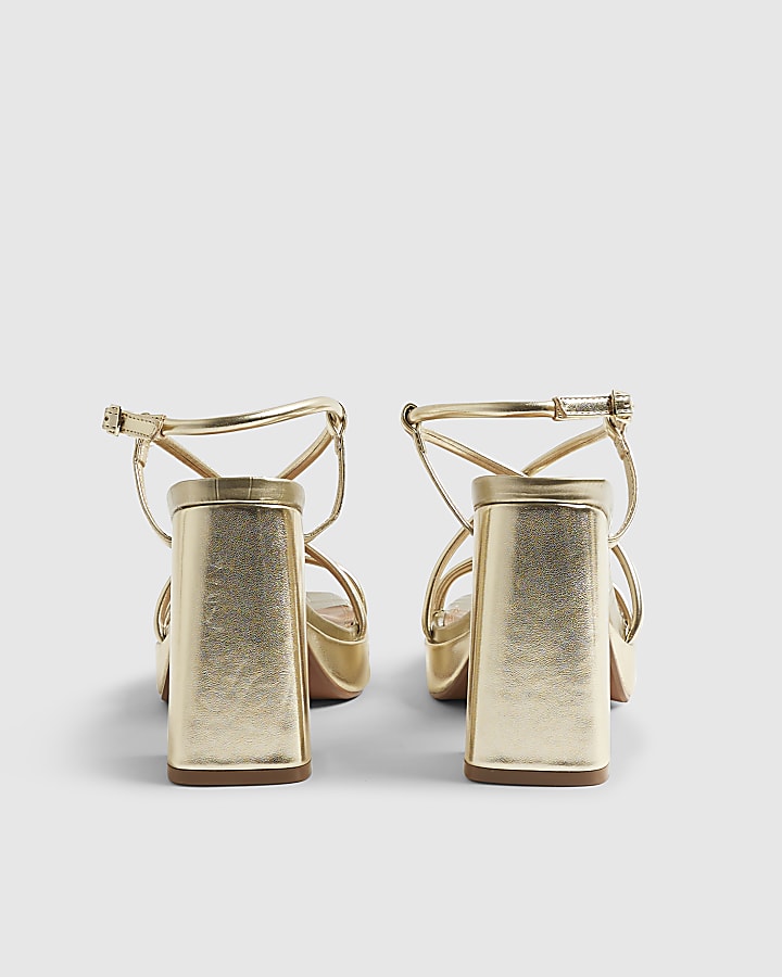 River Island Gold Triple Strap Platform Heeled Sandals