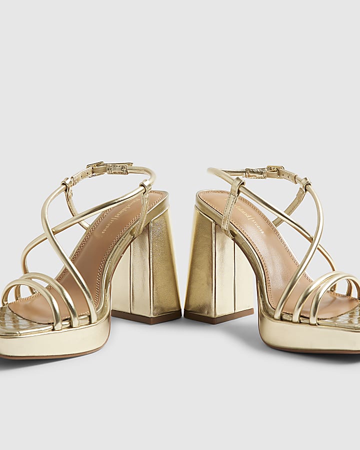 River Island Gold Triple Strap Platform Heeled Sandals