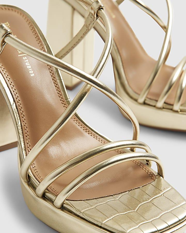 river island Gold Triple Strap Platform Heeled Sandals