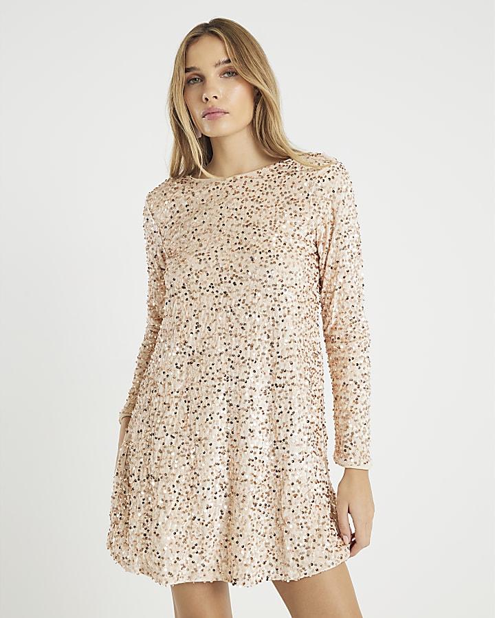 River Island Gold Velvet Sequin Bow Back Mini Dress