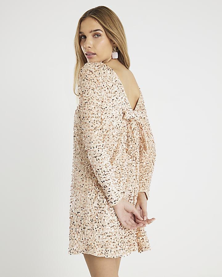 River Island Gold Velvet Sequin Bow Back Mini Dress