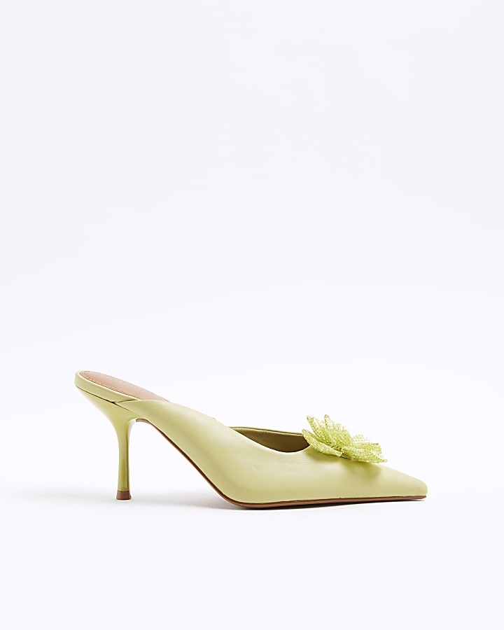 River Island Green Beaded Flower Court Heeled Shoes