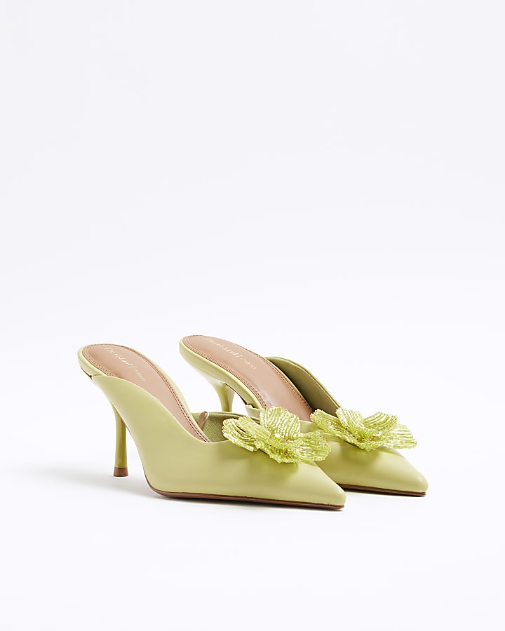 River Island Green Beaded Flower Court Heeled Shoes