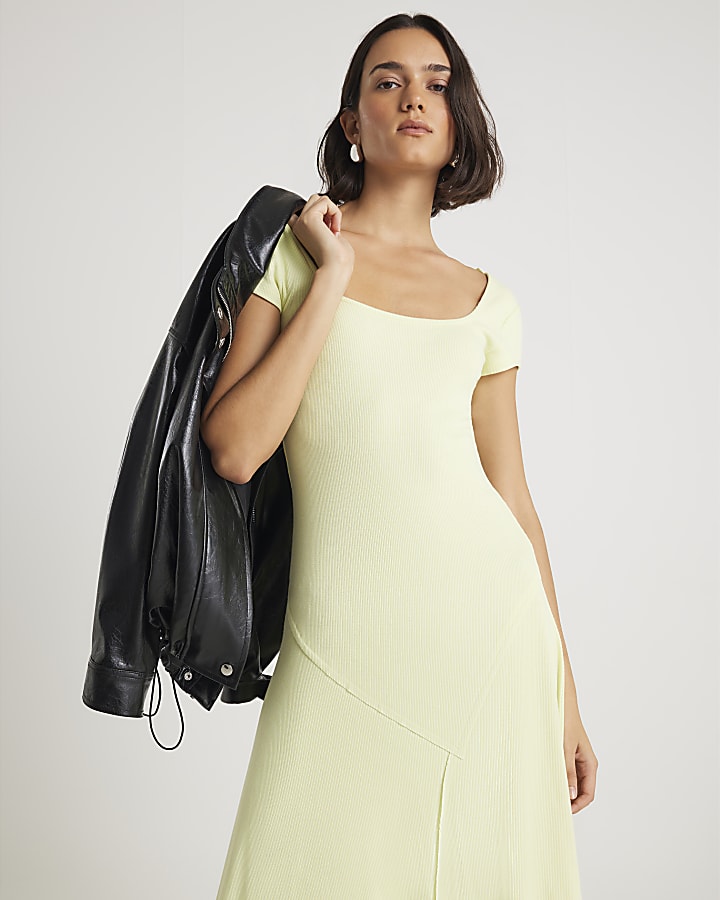 River Island Green Cap Sleeve Asymmetric Midi Dress