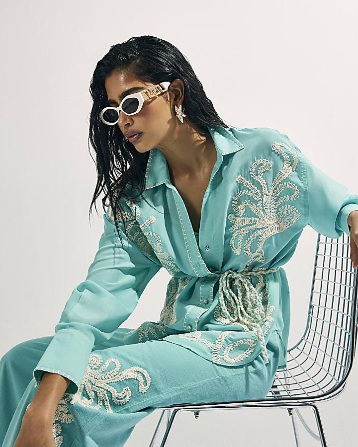 River Island Green Embroidered Long Sleeve Beach Shirt