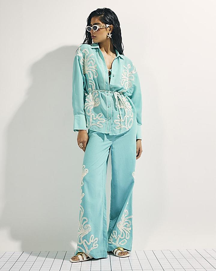 River Island Green Embroidered Long Sleeve Beach Shirt