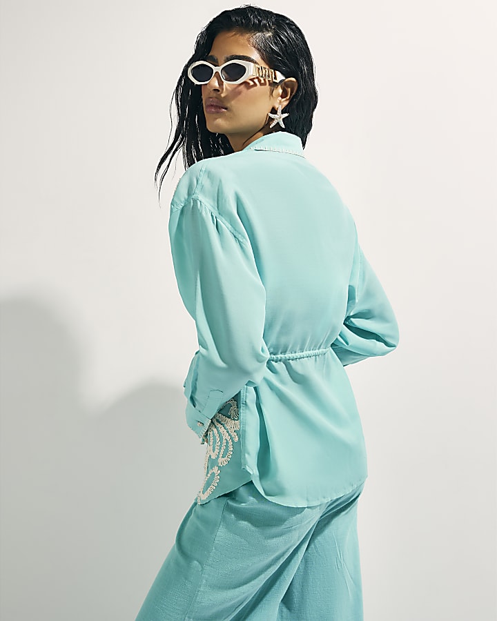 River Island Green Embroidered Long Sleeve Beach Shirt
