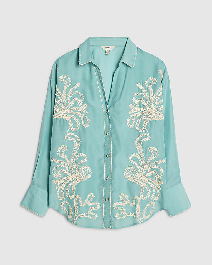 river island Green Embroidered Long Sleeve Beach Shirt