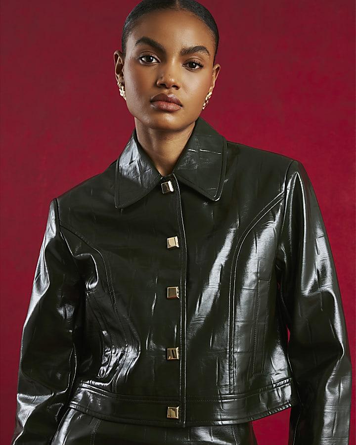 River Island Green Faux Leather Croc Harrington Jacket