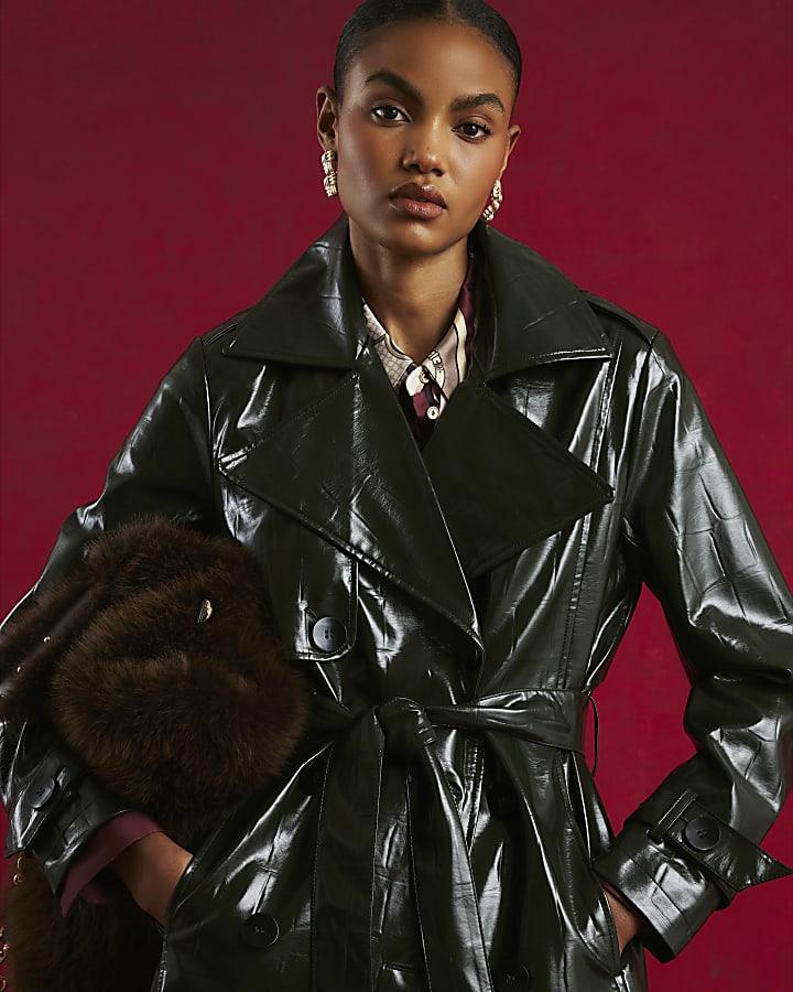River Island Green Faux Leather Croc Texture Trench Coat