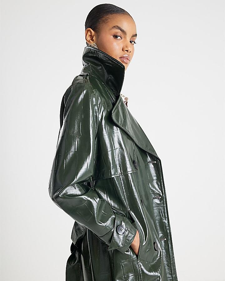 River Island Green Faux Leather Croc Texture Trench Coat