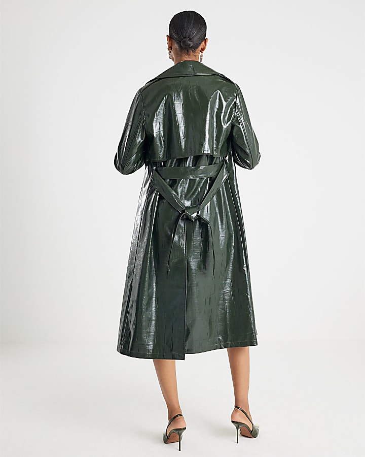 River Island Green Faux Leather Croc Texture Trench Coat