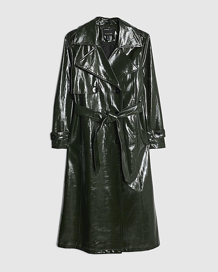 river island Green Faux Leather Croc Texture Trench Coat