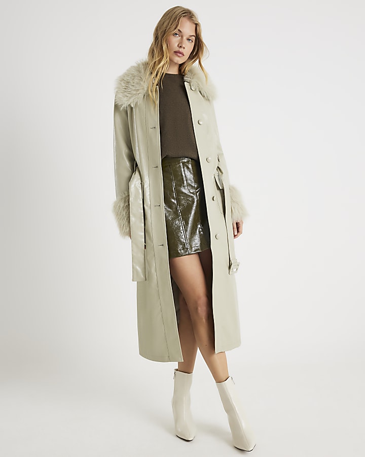 River Island Green Faux Leather Fur Trim Trench Coat