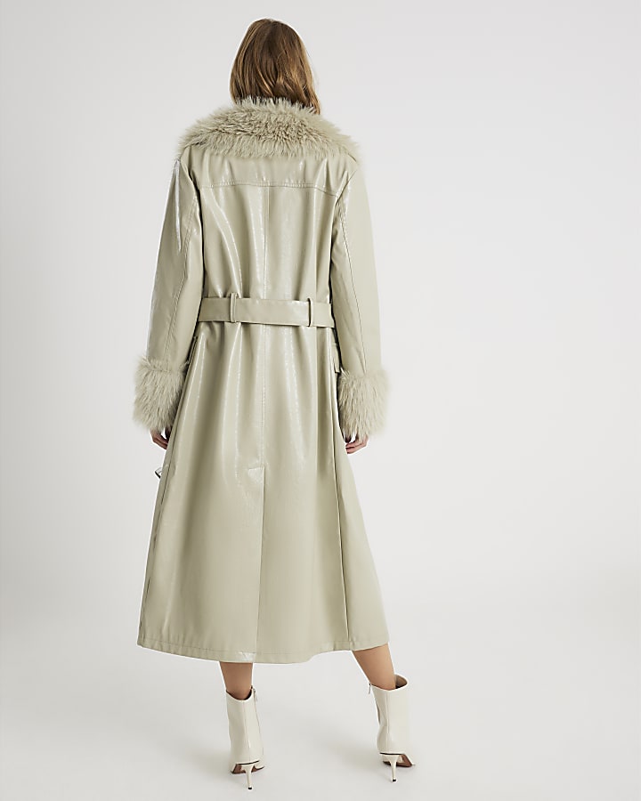 River Island Green Faux Leather Fur Trim Trench Coat