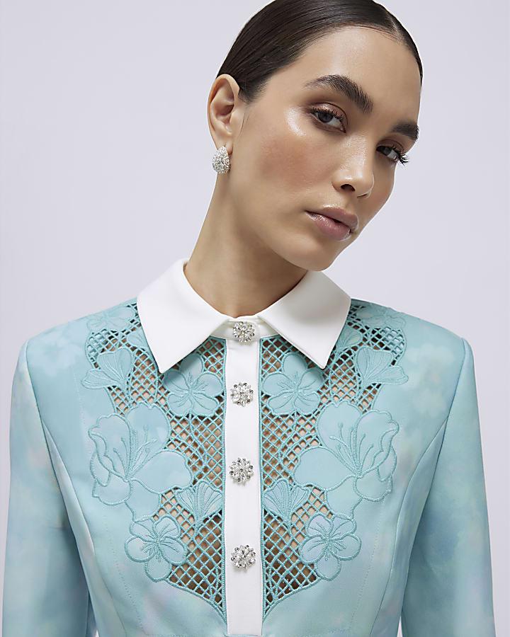 River Island Green Floral Lace Trim Collared Mini Dress