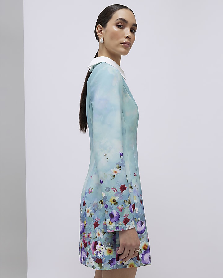 River Island Green Floral Lace Trim Collared Mini Dress