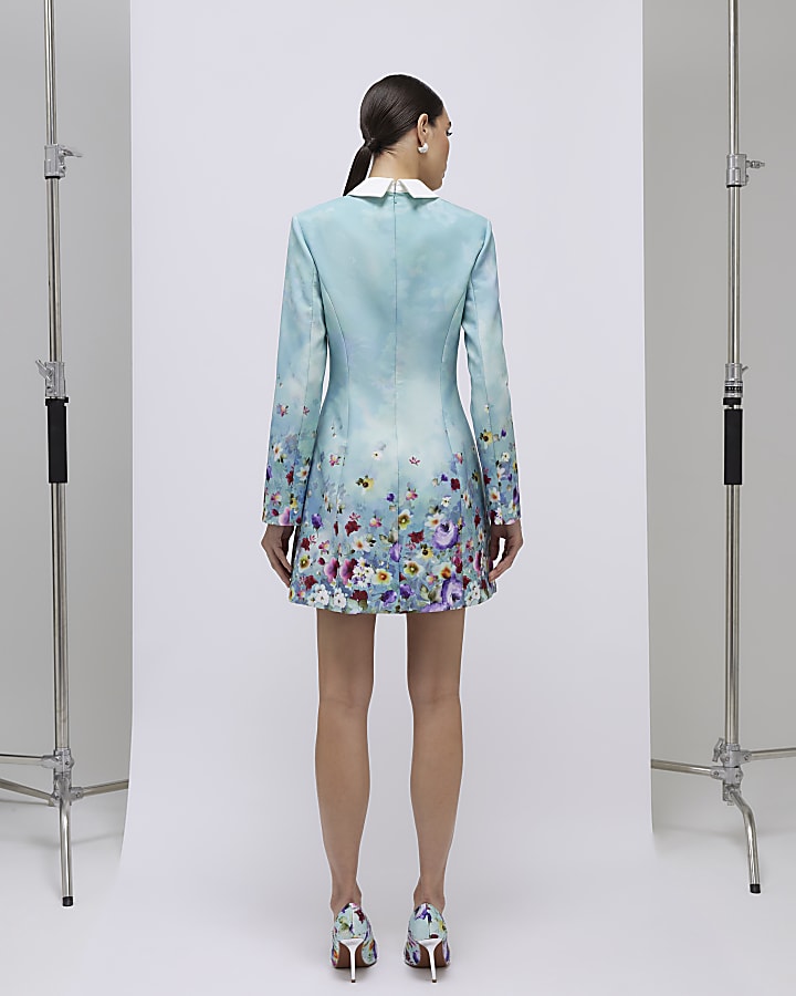 River Island Green Floral Lace Trim Collared Mini Dress