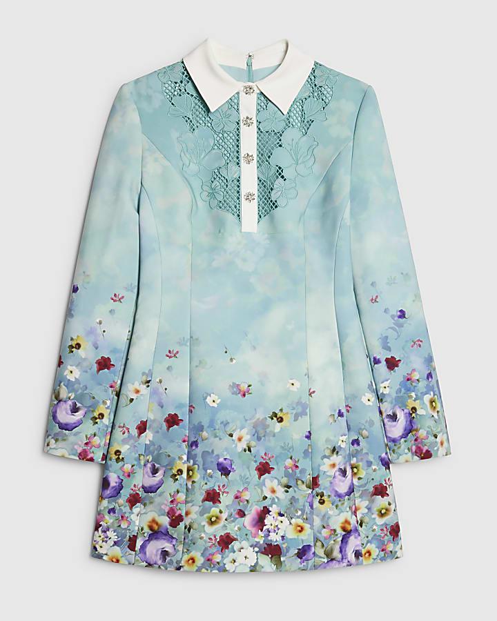 river island Green Floral Lace Trim Collared Mini Dress