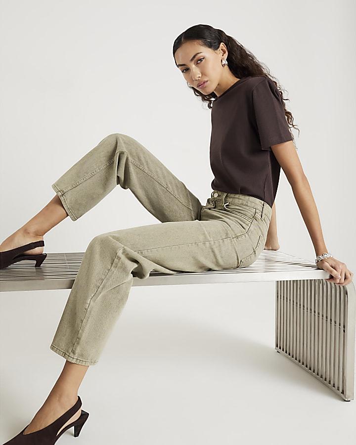 River Island Green High Rise Relaxed Straight Leg Jeans