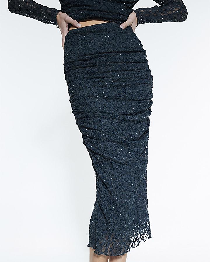 River Island Green Hotfix Embellished Lace Midi Skirt