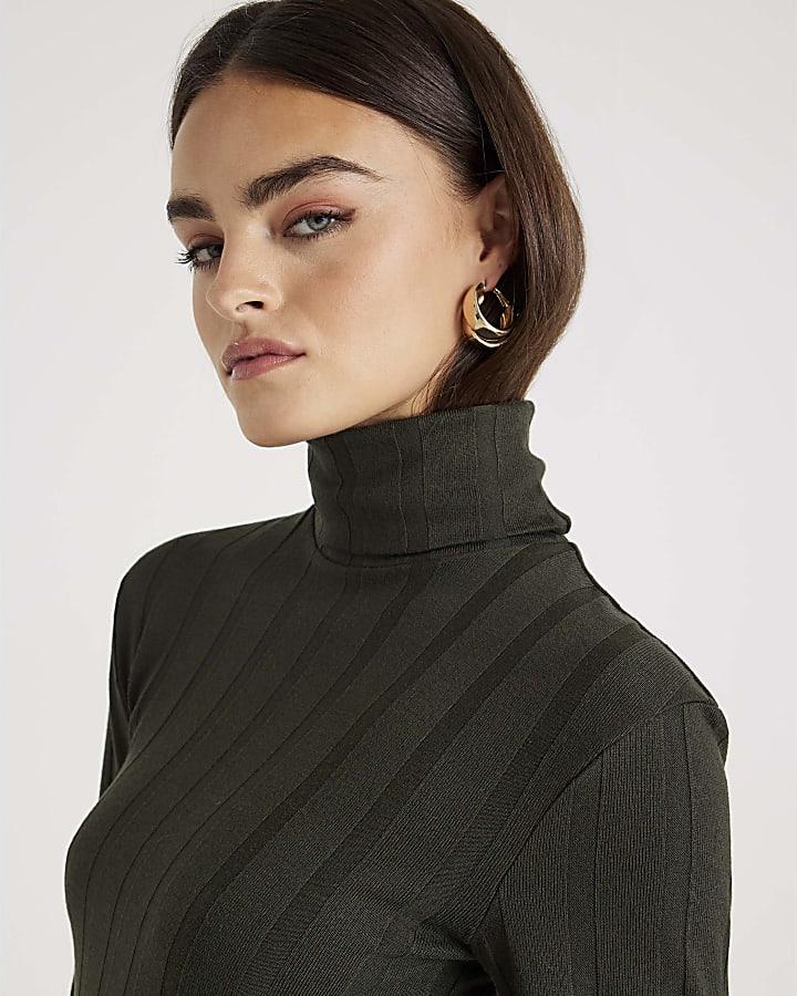 River Island Green Long Sleeve Cosy Wide Ribbed Mini Dress