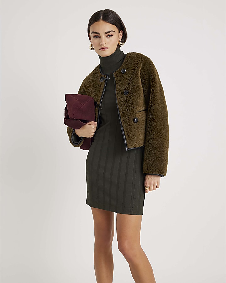 River Island Green Long Sleeve Cosy Wide Ribbed Mini Dress