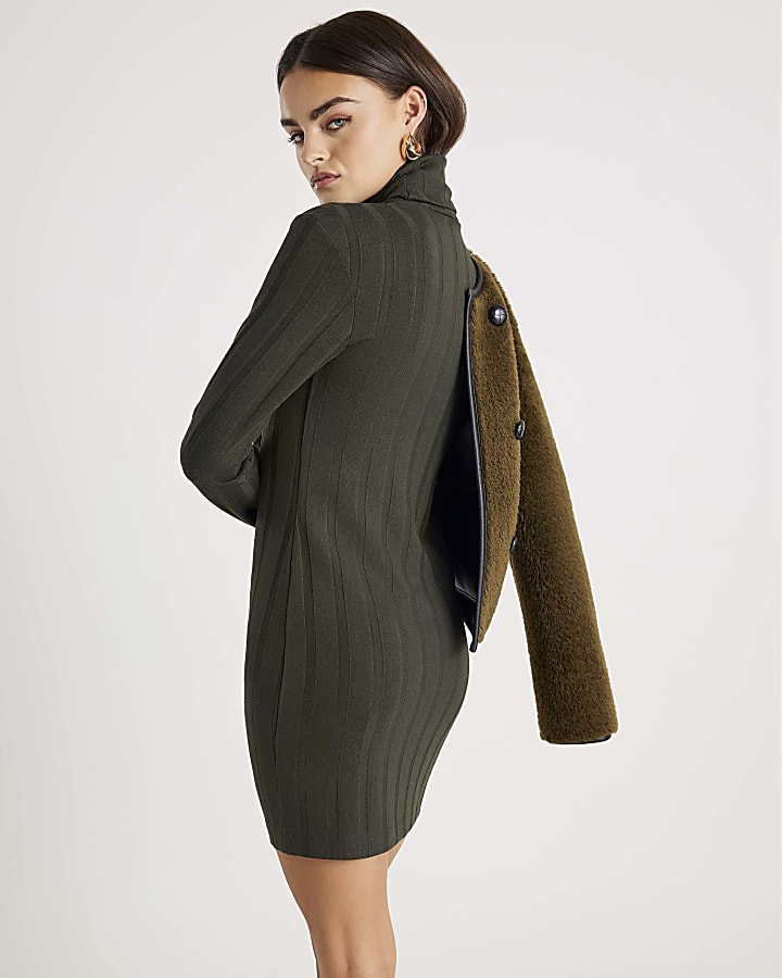 River Island Green Long Sleeve Cosy Wide Ribbed Mini Dress