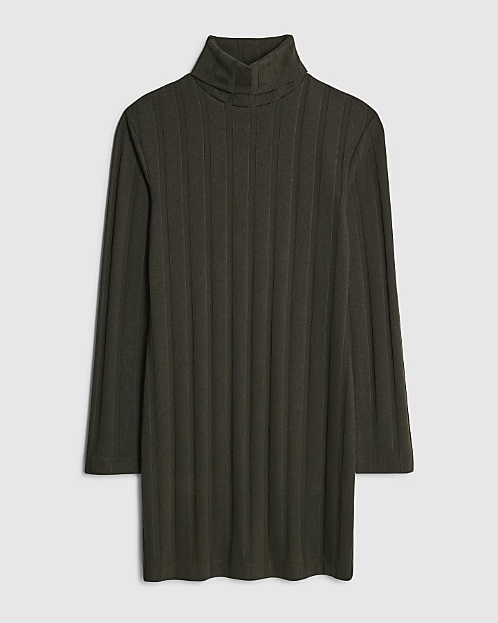 river island Green Long Sleeve Cosy Wide Ribbed Mini Dress