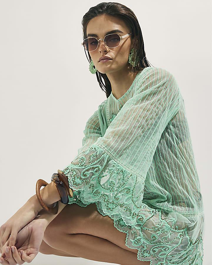 River Island Green Mesh Embellished Beach Tunic Dress
