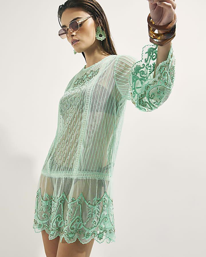 River Island Green Mesh Embellished Beach Tunic Dress